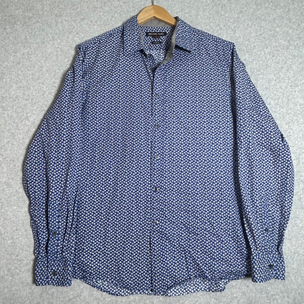 Michael Kors Button Down Shirt Mens L Blue White Dot Classic Fit Modern Preppy